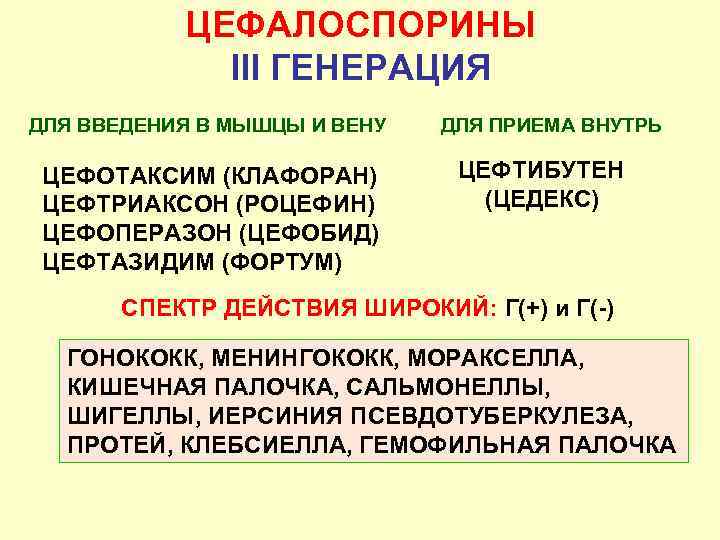 ЦЕФАЛОСПОРИНЫ III ГЕНЕРАЦИЯ ДЛЯ ВВЕДЕНИЯ В МЫШЦЫ И ВЕНУ ЦЕФОТАКСИМ (КЛАФОРАН) ЦЕФТРИАКСОН (РОЦЕФИН) ЦЕФОПЕРАЗОН
