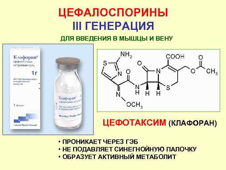 ЦЕФАЛОСПОРИНЫ III ГЕНЕРАЦИЯ ДЛЯ ВВЕДЕНИЯ В МЫШЦЫ И ВЕНУ ЦЕФОТАКСИМ (КЛАФОРАН) • ПРОНИКАЕТ ЧЕРЕЗ