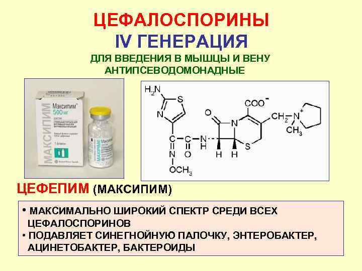 ЦЕФАЛОСПОРИНЫ IV ГЕНЕРАЦИЯ ДЛЯ ВВЕДЕНИЯ В МЫШЦЫ И ВЕНУ АНТИПСЕВОДОМОНАДНЫЕ ЦЕФЕПИМ (МАКСИПИМ) • МАКСИМАЛЬНО