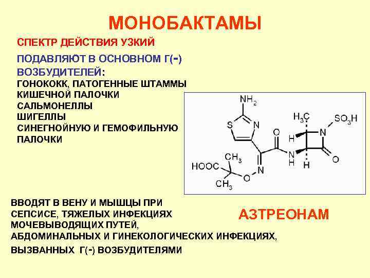 МОНОБАКТАМЫ СПЕКТР ДЕЙСТВИЯ УЗКИЙ ПОДАВЛЯЮТ В ОСНОВНОМ Г(-) ВОЗБУДИТЕЛЕЙ: ГОНОКОКК, ПАТОГЕННЫЕ ШТАММЫ КИШЕЧНОЙ ПАЛОЧКИ