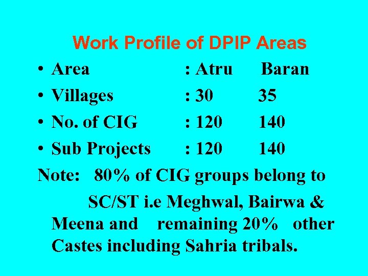 Work Profile of DPIP Areas • Area : Atru Baran • Villages : 30