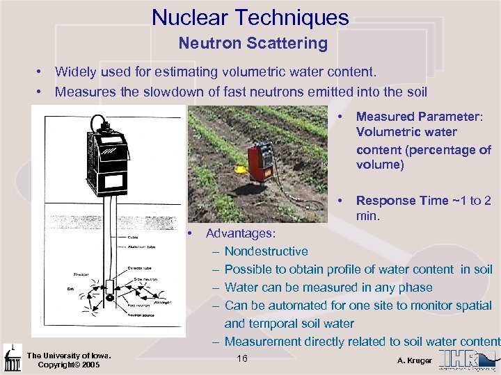 Nuclear Techniques Neutron Scattering • Widely used for estimating volumetric water content. • Measures