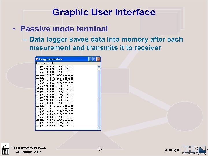 Graphic User Interface • Passive mode terminal – Data logger saves data into memory