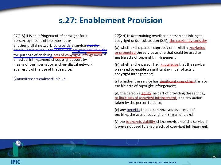 s. 27: Enablement Provision 27(2. 3) It is an infringement of copyright for a
