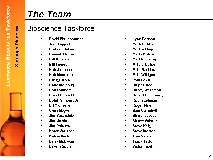 Strategic Planning Lawrence Bioscience Taskforce The Team Bioscience Taskforce • • • • •