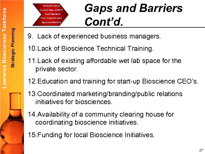 Current State (SWOT) Gold Standard Core Competencies Gaps and Barriers Strategic Planning Lawrence Biosciences