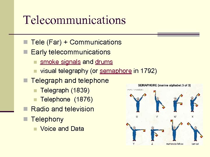 Telecommunications n Tele (Far) + Communications n Early telecommunications n smoke signals and drums