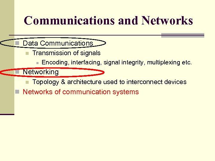 Communications and Networks n Data Communications n Transmission of signals n Encoding, interfacing, signal