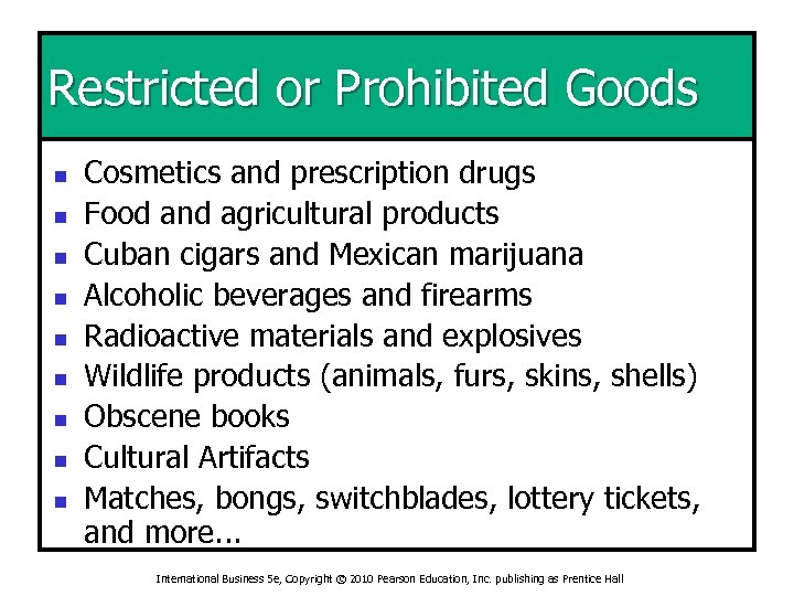 Restricted or Prohibited Goods n n n n n Cosmetics and prescription drugs Food