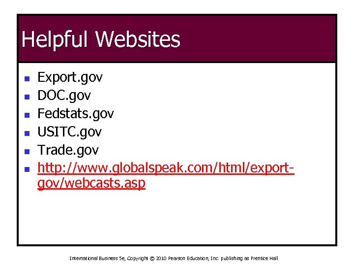 Helpful Websites n n n Export. gov DOC. gov Fedstats. gov USITC. gov Trade.