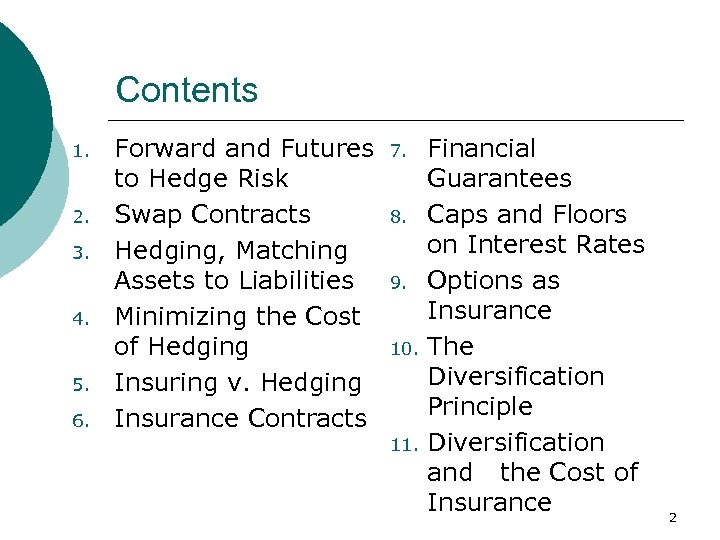 Contents 1. 2. 3. 4. 5. 6. Forward and Futures to Hedge Risk Swap