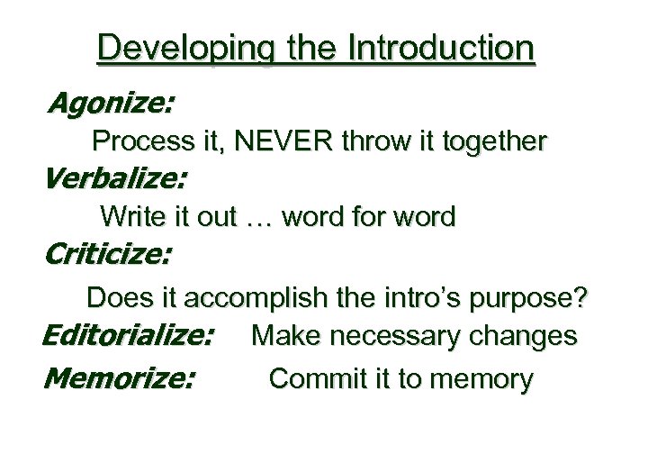 Developing the Introduction Agonize: Process it, NEVER throw it together Verbalize: Write it out