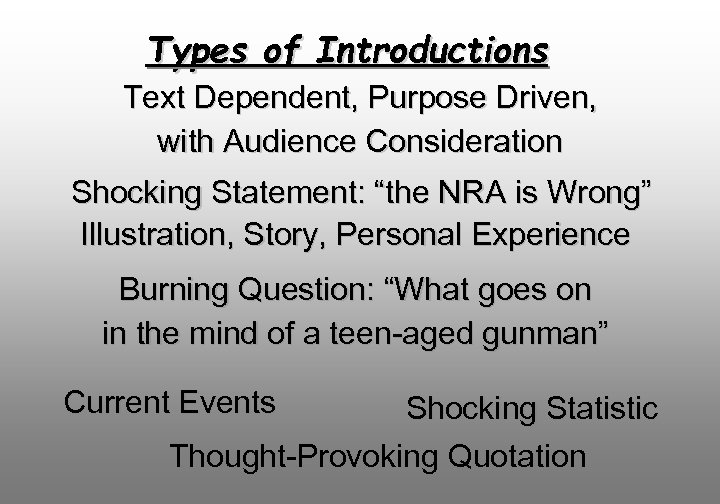 Types of Introductions Text Dependent, Purpose Driven, with Audience Consideration Shocking Statement: “the NRA