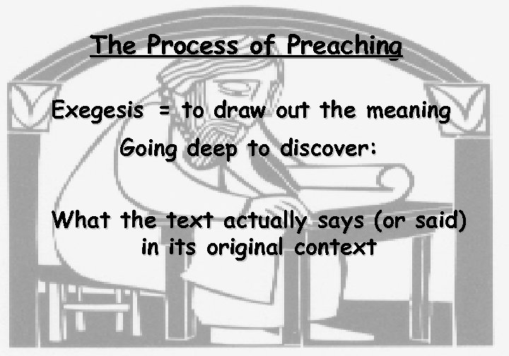 The Process of Preaching Exegesis = to draw out the meaning Going deep to