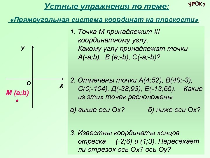 Устные упражнения по теме: «Прямоугольная система координат на плоскости» 1. Точка М принадлежит III