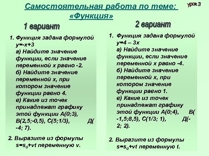 Самостоятельная работа по теме: «Функция» 1. Функция задана формулой у=-х+3 а) Найдите значение функции,