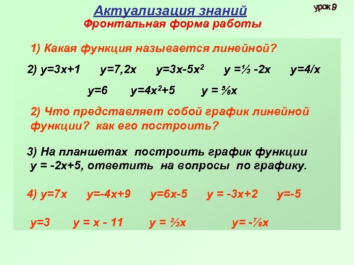 Актуализация знаний Фронтальная форма работы 1) Какая функция называется линейной? 2) у=3 х+1 у=7,