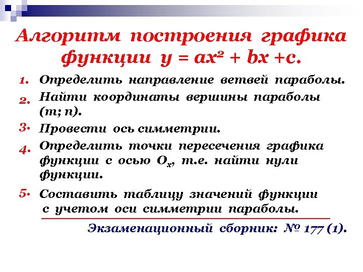 Алгоритм построения графика функции у = ах2 + bх +с. 1. Определить направление ветвей