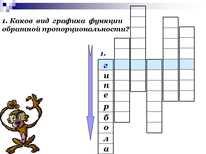 1. Каков вид графика функции обратной пропорциональности? 1. г и п е р б