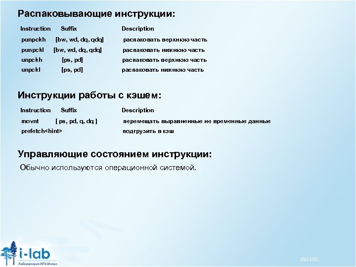 Распаковывающие инструкции: Instruction Suffix Description punpckh [bw, wd, dq, qdq] распаковать верхнюю часть punpckl