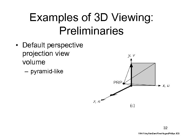 Examples of 3 D Viewing: Preliminaries • Default perspective projection view volume – pyramid-like