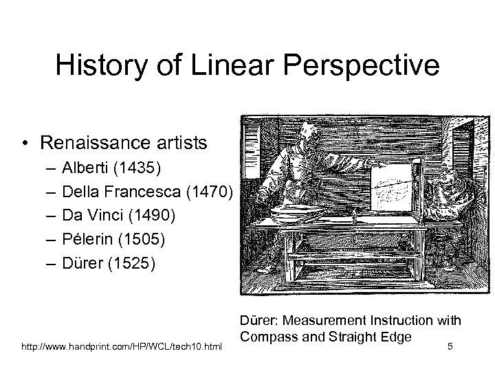 History of Linear Perspective • Renaissance artists – – – Alberti (1435) Della Francesca