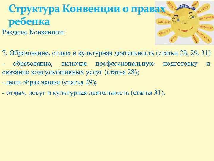 Структура Конвенции о правах ребенка Разделы Конвенции: 7. Образование, отдых и культурная деятельность (статьи