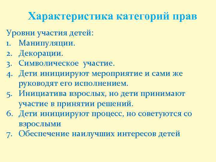 Характеристика категорий прав Уровни участия детей: 1. Манипуляции. 2. Декорации. 3. Символическое участие. 4.