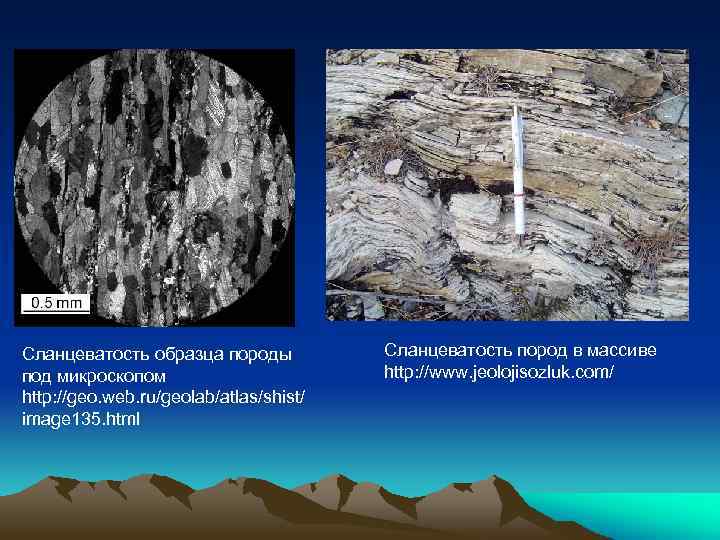Сланцеватость образца породы под микроскопом http: //geo. web. ru/geolab/atlas/shist/ image 135. html Сланцеватость пород