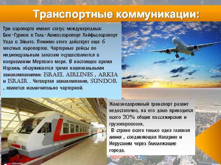 Транспортные коммуникации: Три аэропорта имеют статус международных: Бен-Гурион в Тель-Авиве; аэропорт Хайфы; аэропорт Увда