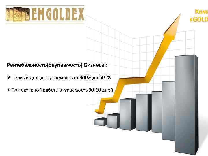 Рентабельность(окупаемость) Бизнеса : ØПервый доход окупаемость от 300% до 600% ØПри активной работе окупаемость