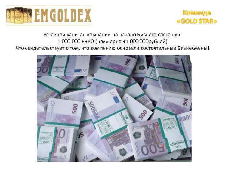 Уставной капитал компании на начало Бизнеса составлял 1. 000 ЕВРО (примерно 41. 000 рублей)