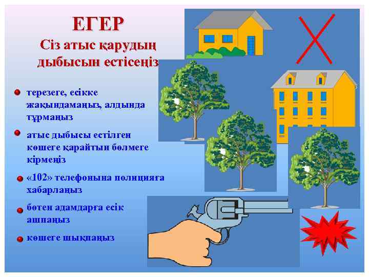 ЕГЕР Сіз атыс қарудың дыбысын естісеңіз терезеге, есікке жақындамаңыз, алдында тұрмаңыз атыс дыбысы естілген