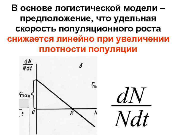 В основе логистической модели – предположение, что удельная скорость популяционного роста снижается линейно при