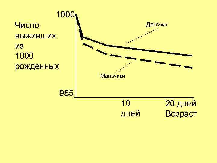 1000 Число выживших из 1000 рожденных Девочки Мальчики 985 10 дней 20 дней Возраст