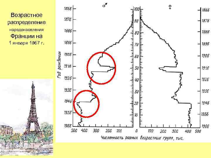 Возрастное распределение народонаселения Франции на 1 января 1967 г. 