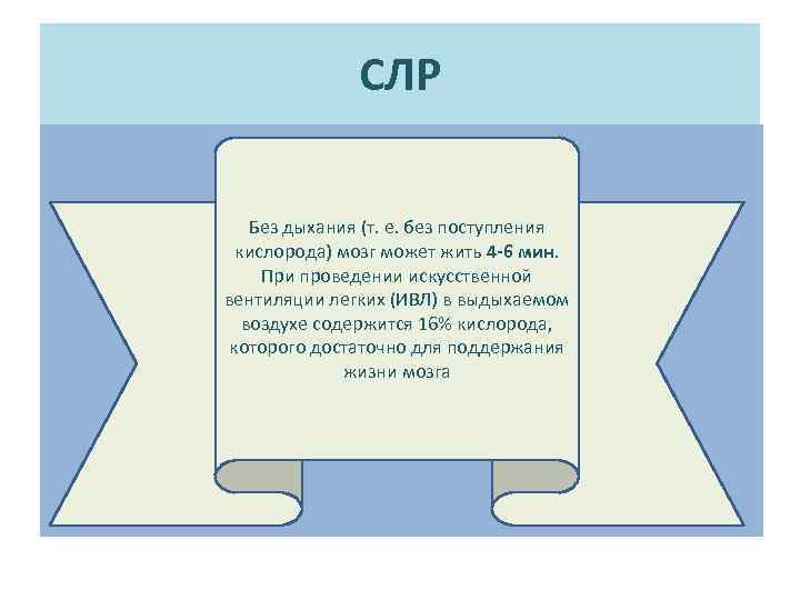 СЛР Без дыхания (т. е. без поступления кислорода) мозг может жить 4 -6 мин.