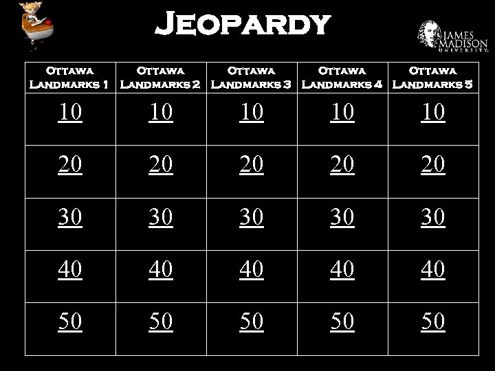 Jeopardy Ottawa Ottawa Landmarks 1 Landmarks 2 Landmarks 3 Landmarks 4 Landmarks 5 10