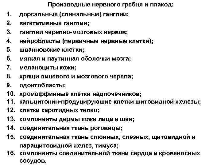 Производные нервного гребня и плакод: 1. 2. 3. 4. 5. 6. 7. 8. 9.