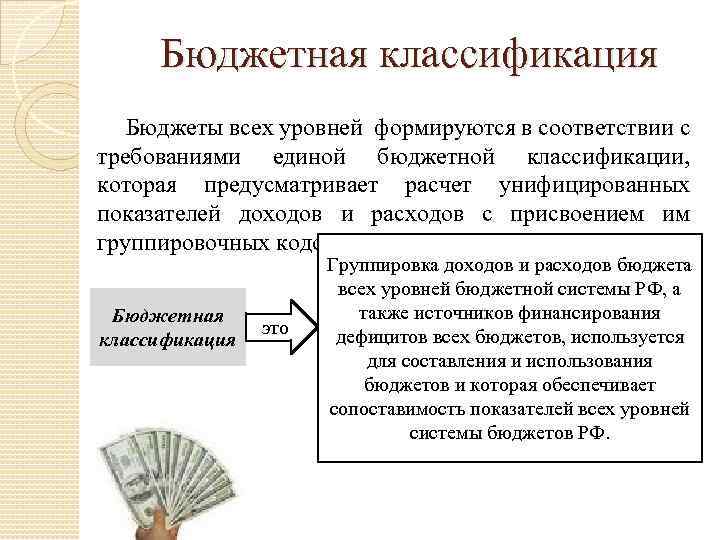 Бюджетная классификация Бюджеты всех уровней формируются в соответствии с требованиями единой бюджетной классификации, которая