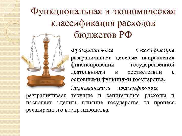 Функциональная и экономическая классификация расходов бюджетов РФ Функциональная классификация разграничивает целевые направления финансирования государственной