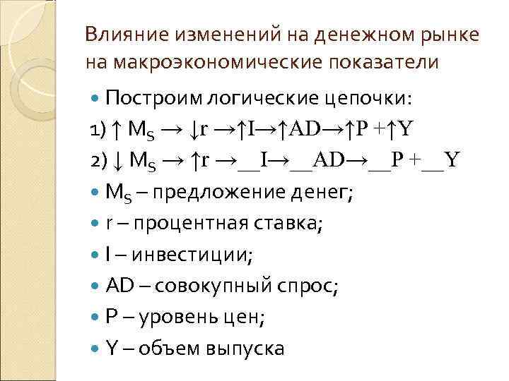 Влияние изменений на денежном рынке на макроэкономические показатели Построим логические цепочки: 1) ↑ MS