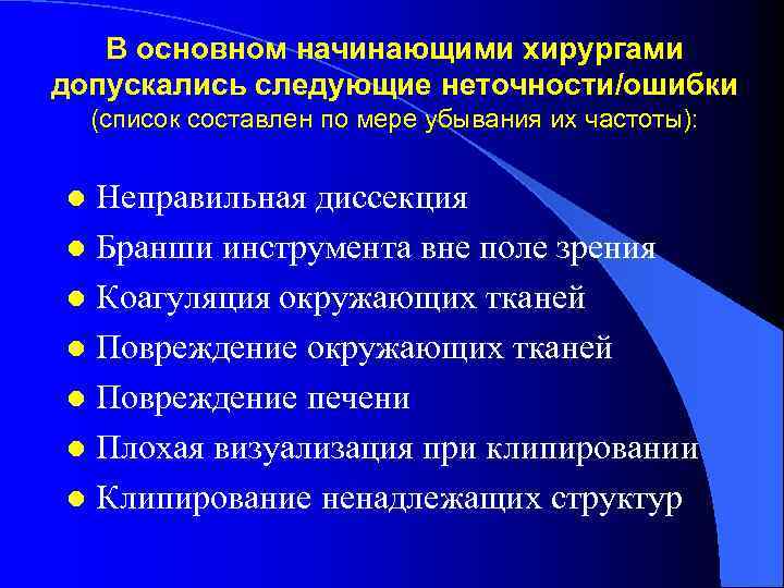 В основном начинающими хирургами допускались следующие неточности/ошибки (список составлен по мере убывания их частоты):