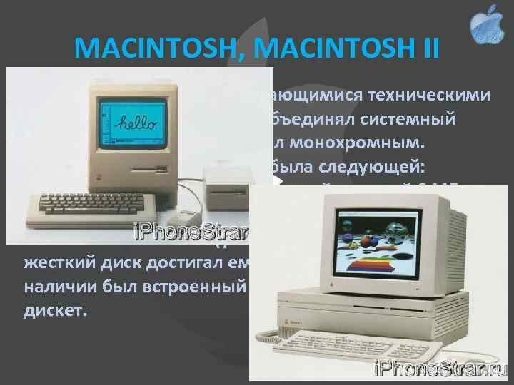 MACINTOSH, MACINTOSH II Компьютер не обладал выдающимися техническими характеристиками, корпус объединял системный блок и