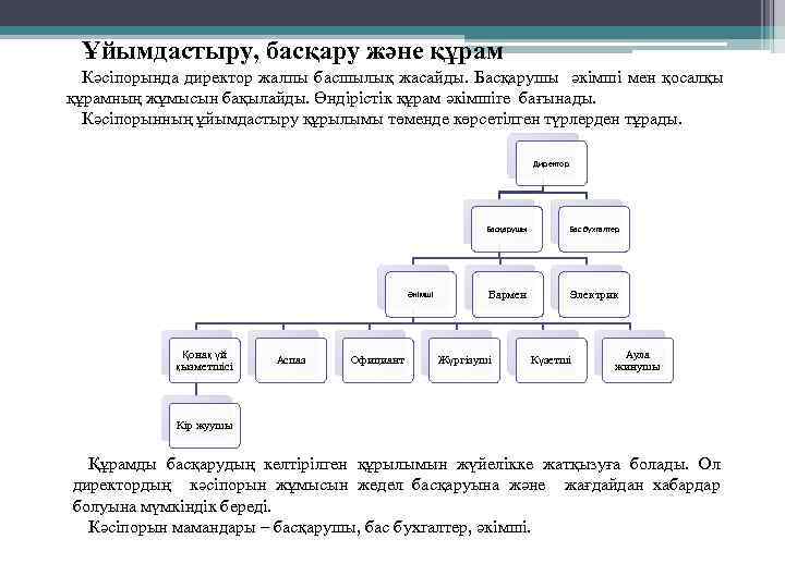 Ұйымдастыру, басқару және құрам Кәсіпорында директор жалпы басшылық жасайды. Басқарушы әкімші мен қосалқы құрамның