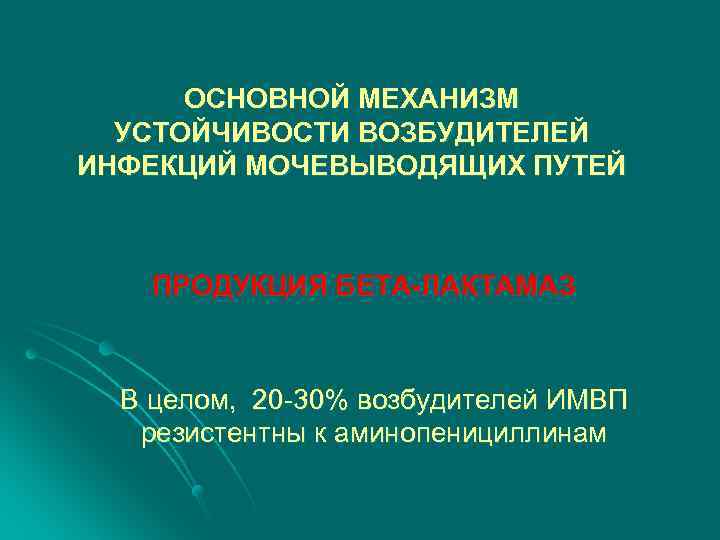 ОСНОВНОЙ МЕХАНИЗМ УСТОЙЧИВОСТИ ВОЗБУДИТЕЛЕЙ ИНФЕКЦИЙ МОЧЕВЫВОДЯЩИХ ПУТЕЙ ПРОДУКЦИЯ БЕТА-ЛАКТАМАЗ В целом, 20 -30% возбудителей