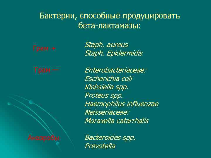 Бактерии, способные продуцировать бета-лактамазы: Грам + Грам — Анаэробы Staph. aureus Staph. Epidermidis Enterobacteriaceae: