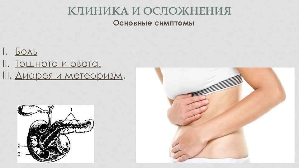 КЛИНИКА И ОСЛОЖНЕНИЯ Основные симптомы I. Боль II. Тошнота и рвота. III. Диарея и