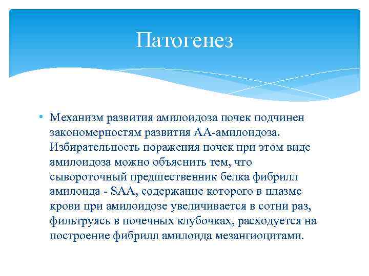 Патогенез • Механизм развития амилоидоза почек подчинен закономерностям развития АА амилоидоза. Избирательность поражения почек