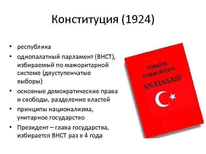 Конституция (1924) • республика • однопалатный парламент (ВНСТ), избираемый по мажоритарной системе (двуступенчатые выборы)